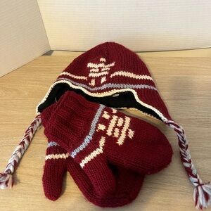 Kids Burgundy Knit Hat and Mittens Set